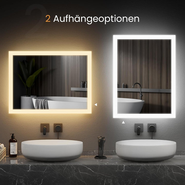EMKE LED Badspiegel mit Beleuchtung 50x60cm Badezimmerspiegel mit Warmweisses Licht und Kaltesweisse