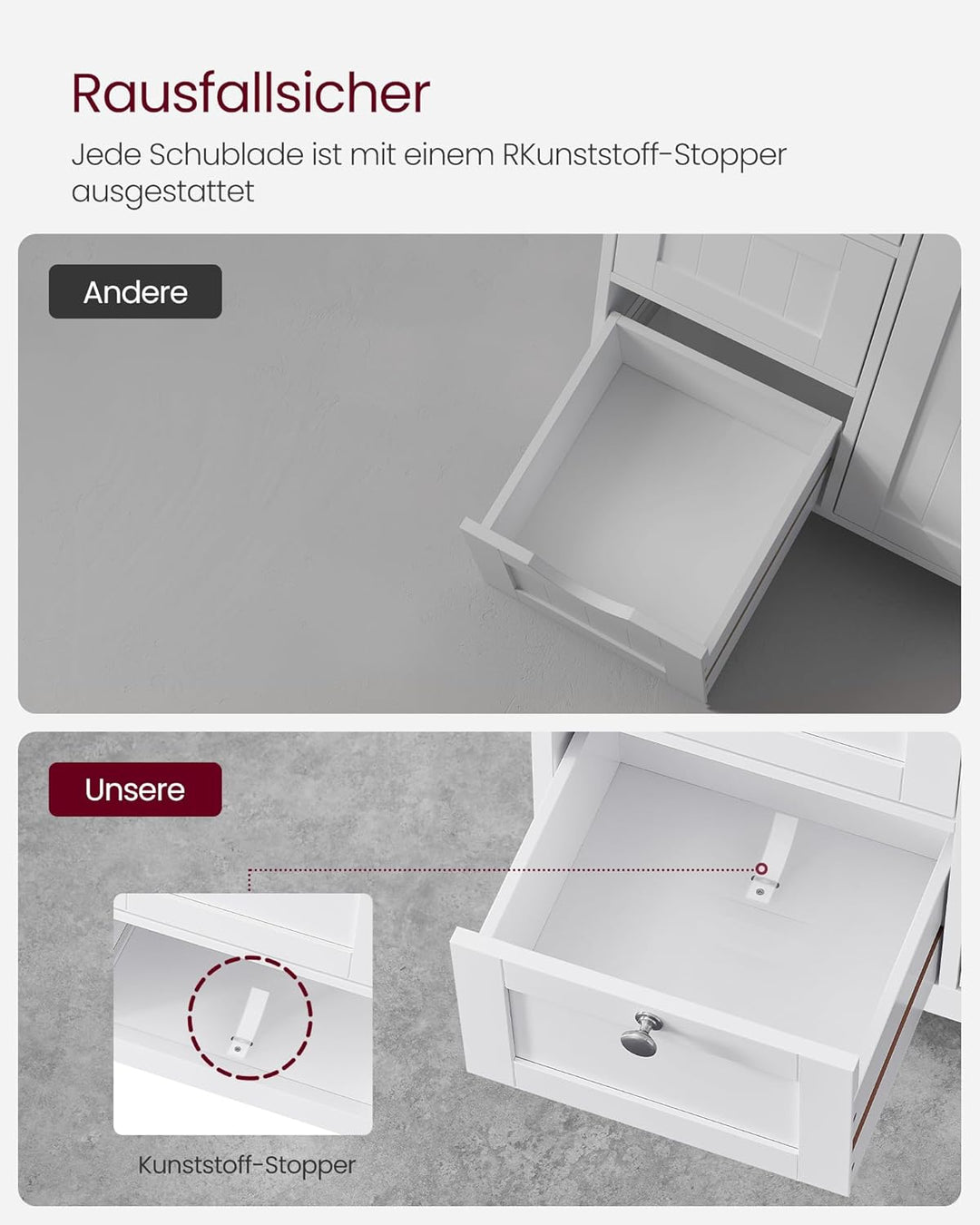 VASAGLE Badezimmerschrank, Badschrank, Beistellschrank, mit 3 Schubladen, Schranktür, verstellbare A