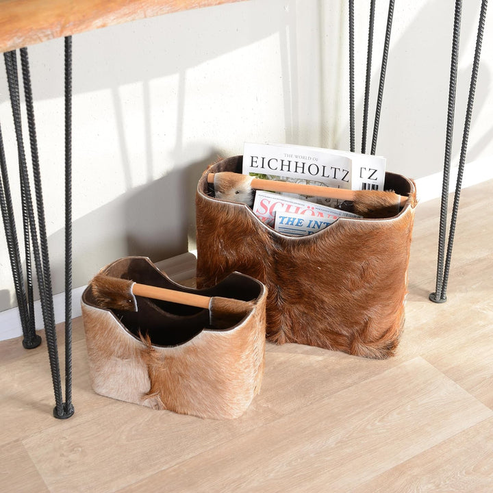 wohnfreuden Ziegenfell Zeitungsständer eckig braun 30 cm - Holz Zeitungshalter Korb klein