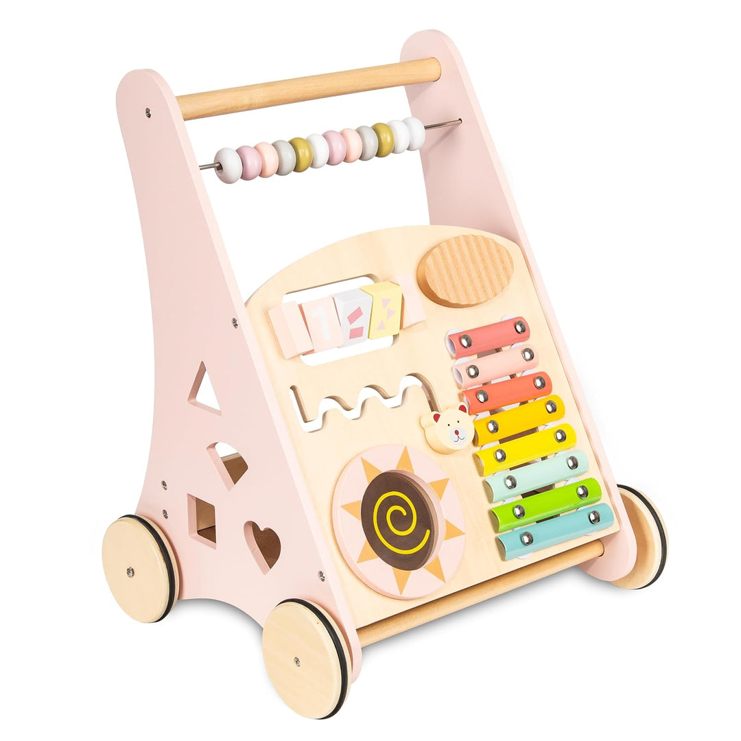 COIL Babywalker Lauflernwagen 3in1, Kinderwagen aus Holz, Lernspielzeug, ab 12 Monaten (Rosa), Rosa