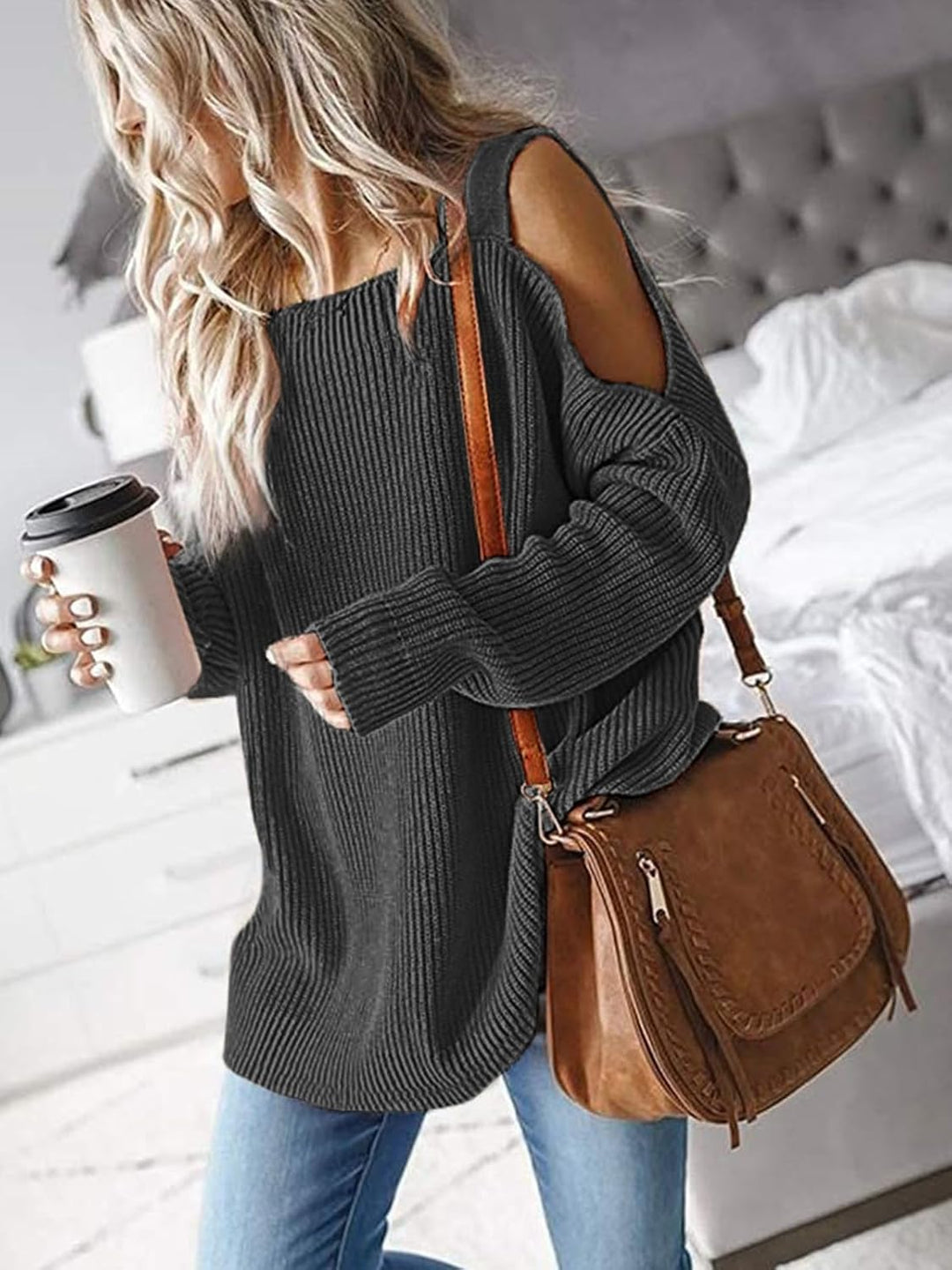 CUPSHE Damen Strickpullover Karrée Ausschnitt Langarm Seitenschlitz Feinstrick Schulterfreier Pulli