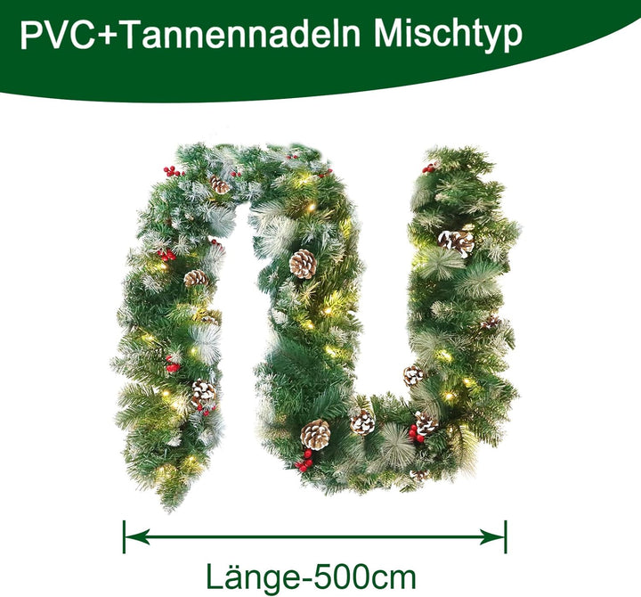 UISEBRT Weihnachtsgirlande mit Beleuchtung Tannengirlande 5m, mit 75 LEDs Tannenzapfen Rote Beere Kü