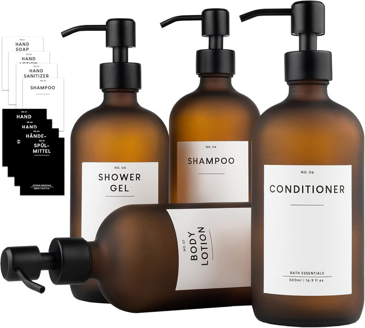 MONOKO 4er Set Seifenspender Braun Matt aus Glas | 500ml Shampoo Flaschen zum Befüllen | Spülmittels