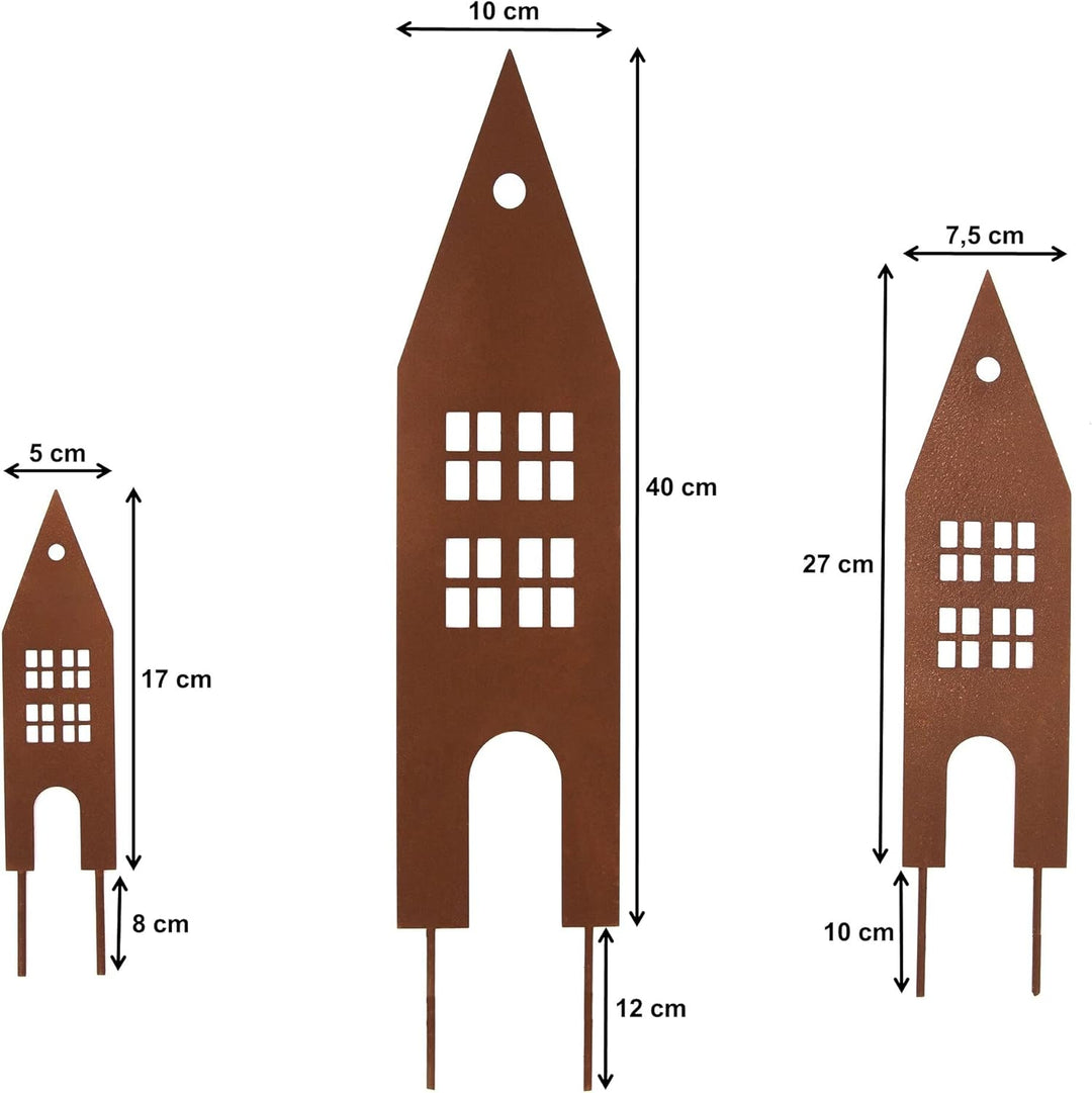UNUS Garden Häuser Gartenstecker 3er Set, Gartendeko Rostoptik, Roststecker aus Edelrost Metall, Ros