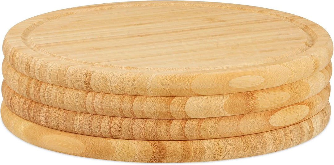 Relaxdays Frühstücksbrettchen rund 4er Set, Bambus, 30 cm, Küchenbrett, pflegeleicht, natürlich, mes