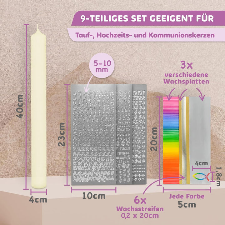 WIKAKERZEN Kerzen-Rohling Set für Taufe Hochzeit Kommunion selbst gestalten mit Buchstaben zum Klebe