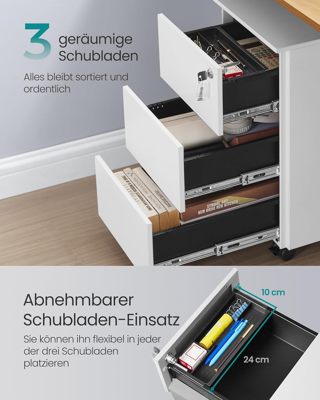 SONGMICS Schubladenschrank, Rollcontainer, mobiler Aktenschrank, Metallschrank, Druckertisch, abschl