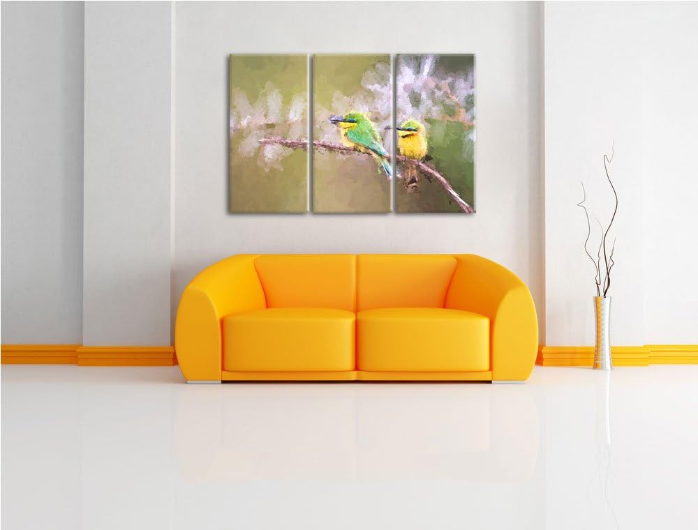 farbenfrohe exotische Vögel auf Ast NewArt 3-Teiler Leinwandbild 120x80 Bild auf Leinwand, XXL riesi