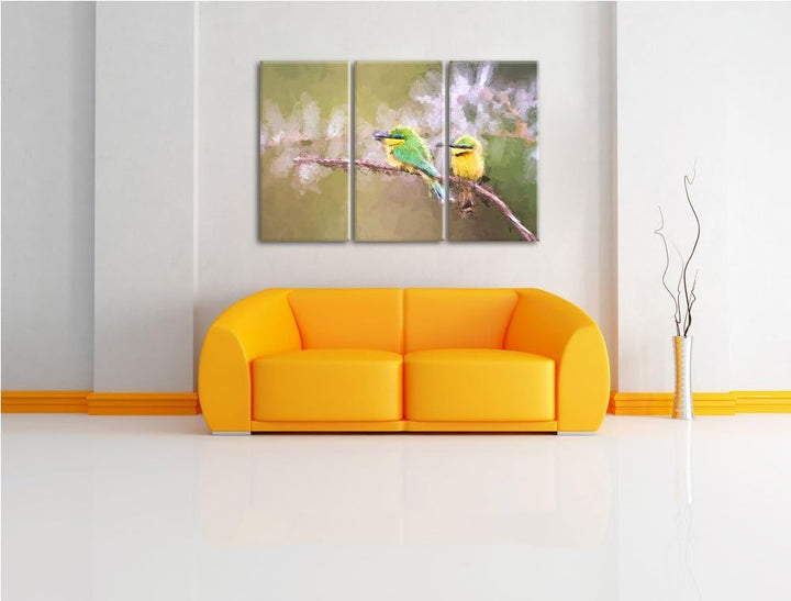 farbenfrohe exotische Vögel auf Ast NewArt 3-Teiler Leinwandbild 120x80 Bild auf Leinwand, XXL riesi