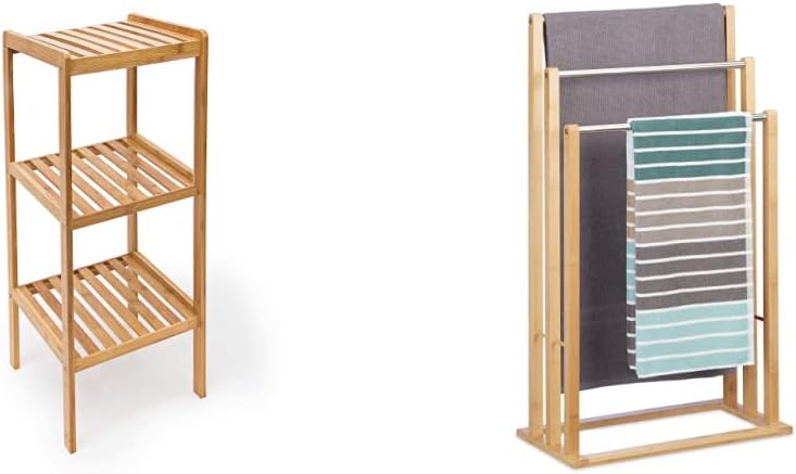 Relaxdays Handtuchhalter stehend mit 3 Handtuchstangen, natur, 26 x 48 x 84 cm & Badregal Bambus mit