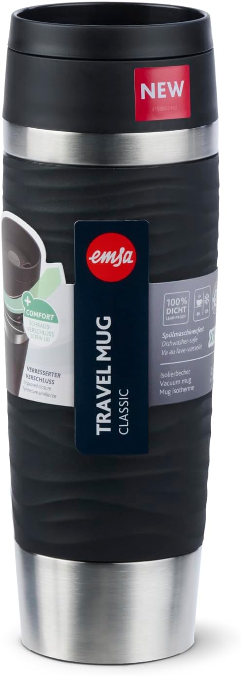 Emsa N20225 Travel Mug Wave Isolierbecher 0,5 Liter | neuer Komfort-Schraubverschluss | Edelstahl |