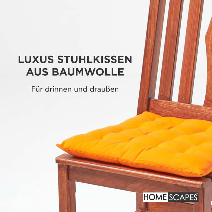 HOMESCAPES 4er Set Stuhlkissen 40 x 40 cm, orange, Sitzkissen mit Bändern und Knopfverschluss, einfa