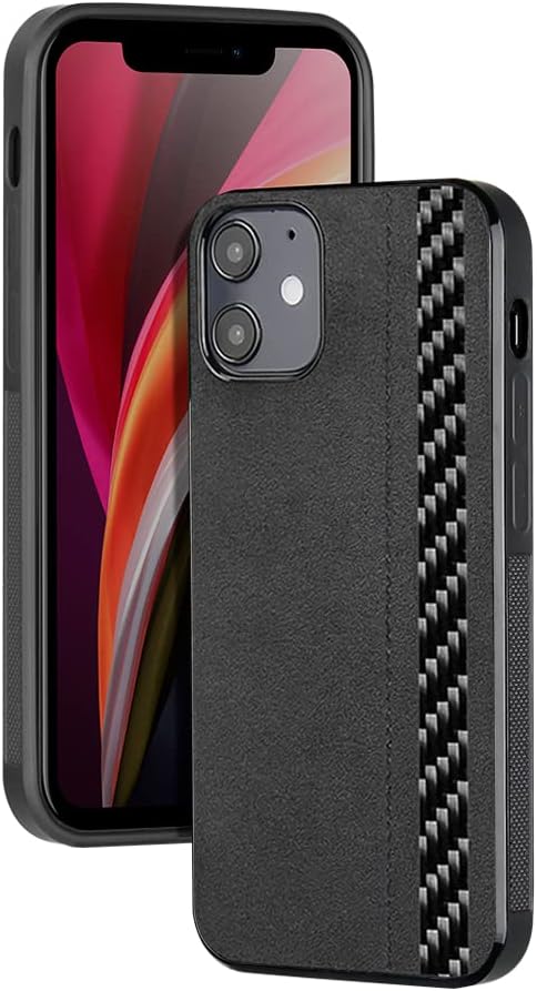 FLG | Alcantara Hülle für iPhone 12 & 12 Pro Case mit Carbon Fiber Handyhülle Schwarz – kompatibel m