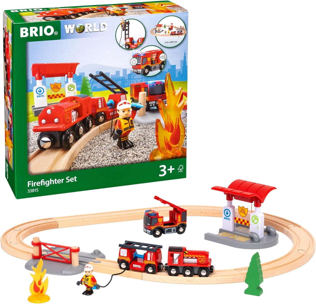 BRIO World 33815 Feuerwehr-Set - Holzeisenbahn-Set inklusive Feuerwehr-Auto mit Licht und Sound - Em