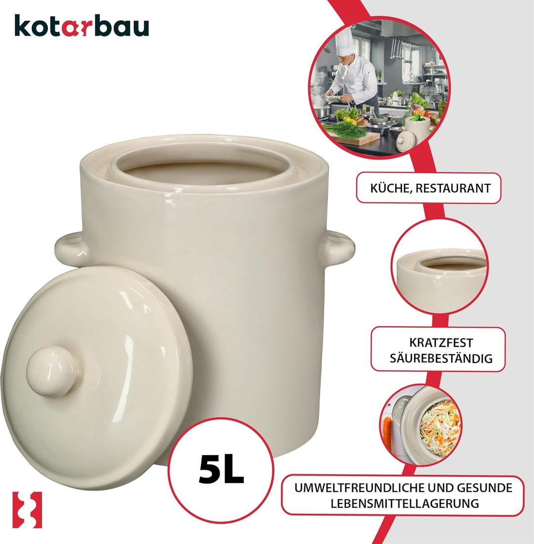 KOTARBAU® Sauerkraut Gärtopf Sauerkrauttopf 5L Tontopf mit Deckel Steinguttopf Fermentieren Dauerkra