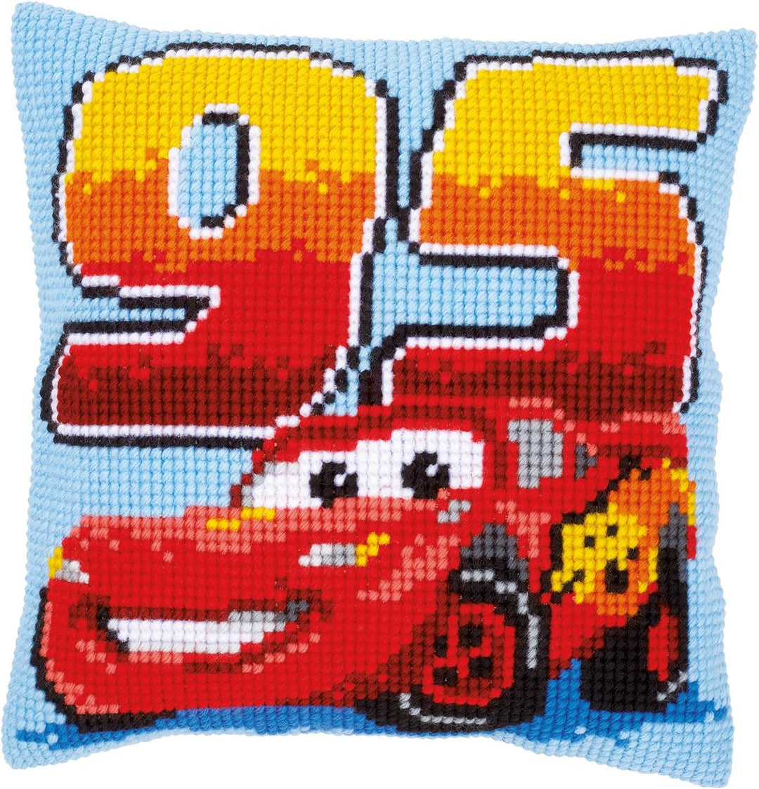 Vervaco Kreuzstichkissen Lightning McQueen Kreuzstickpackung vorgedruckt, Stramin, weiss, 40 x 40 x