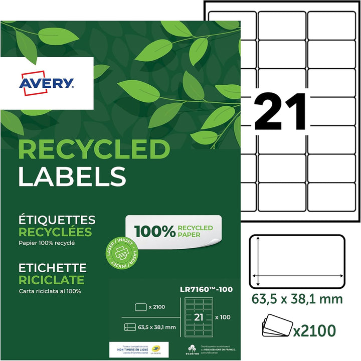 AVERY Zweckform LR7160-100 Adress-Etiketten (A4, 2.100 Stück, Recycling, 63,5 x 38,1 mm, 100 Blatt)