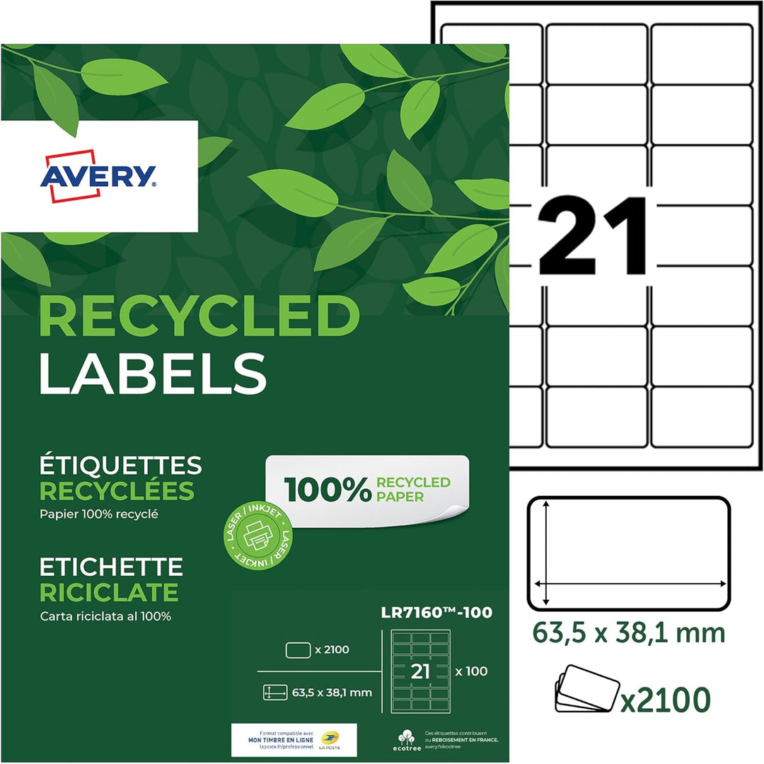 AVERY Zweckform LR7160-100 Adress-Etiketten (A4, 2.100 Stück, Recycling, 63,5 x 38,1 mm, 100 Blatt)
