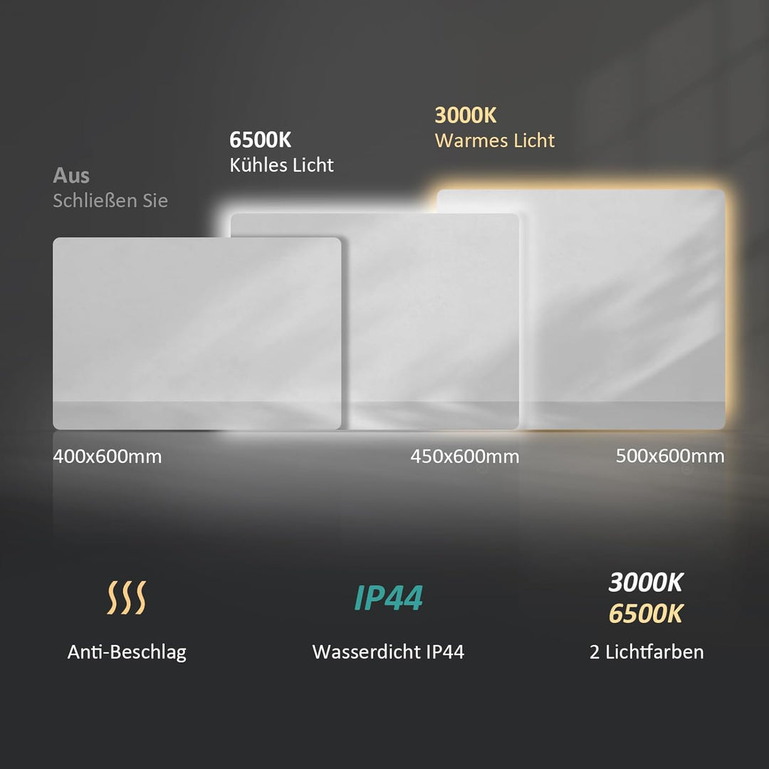 EMKE Spiegel mit Beleuchtung 60x45cm, badspiegel mit Beschlagfrei und 2 Lichtfarbe Warmweiss/Kaltwei