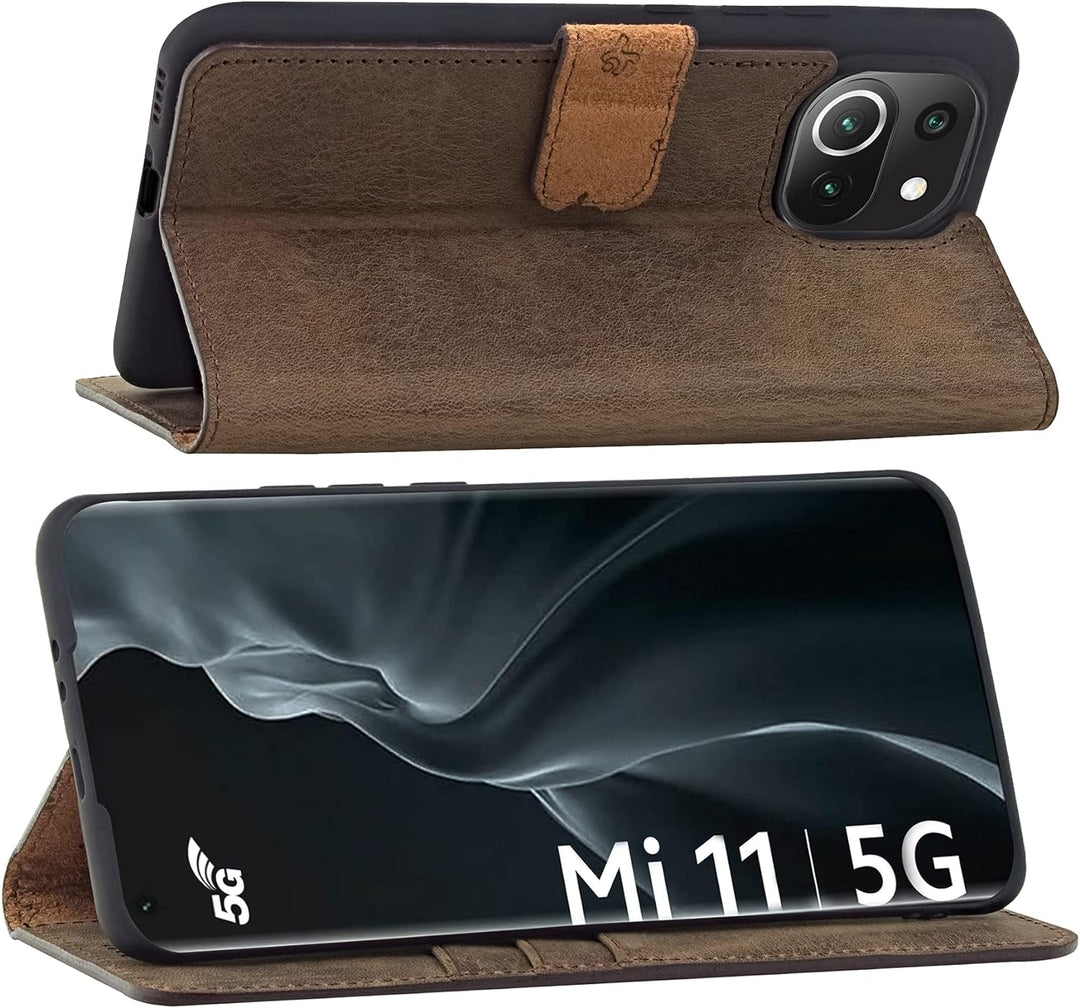 Suncase Book-Style Hülle kompatibel mit Xiaomi Mi 11 Leder Tasche (Slim-Fit) Lederhülle Handytasche