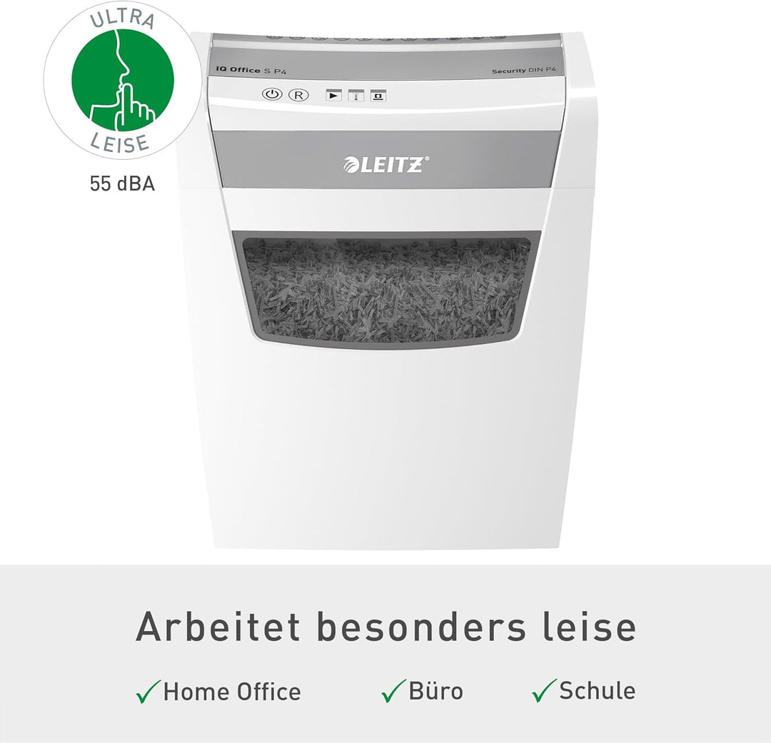 Leitz IQ Office S Aktenvernichter, 14-12 Blatt Kapazität (70-80 g/m²), Partikelschnitt, Sicherheitss
