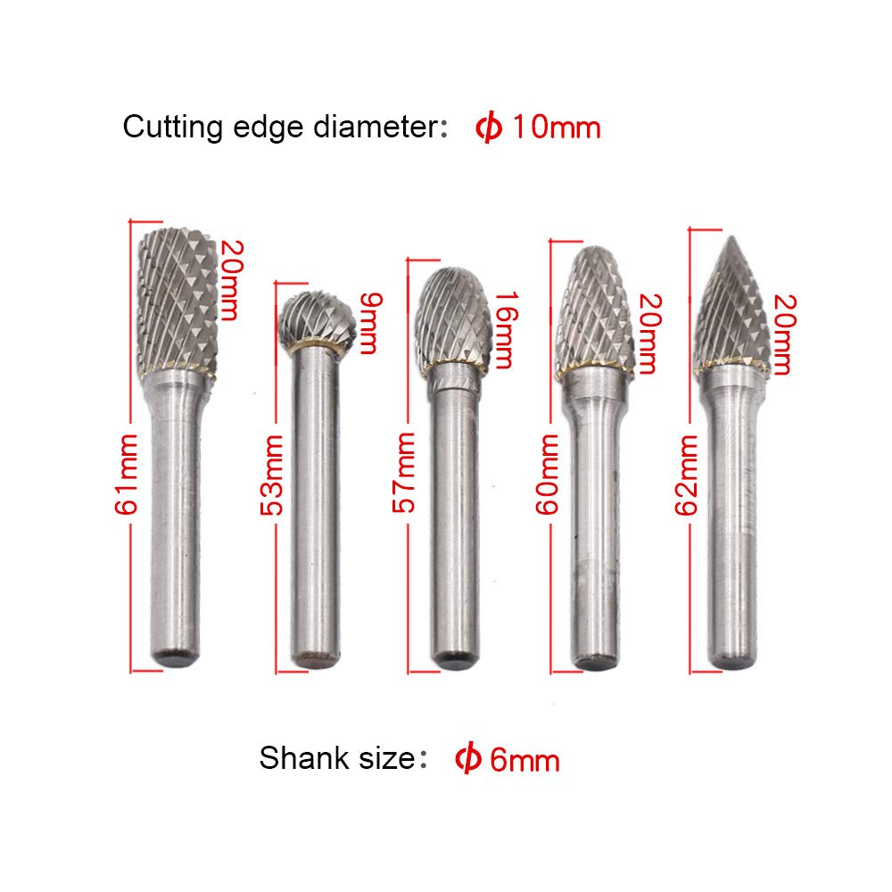 DingGreat 5 Teilig Raspel Set Hartmetall Frässtift Rotary Burr, 6 mm Schaft 10mm Kopfdurchmesser Boh