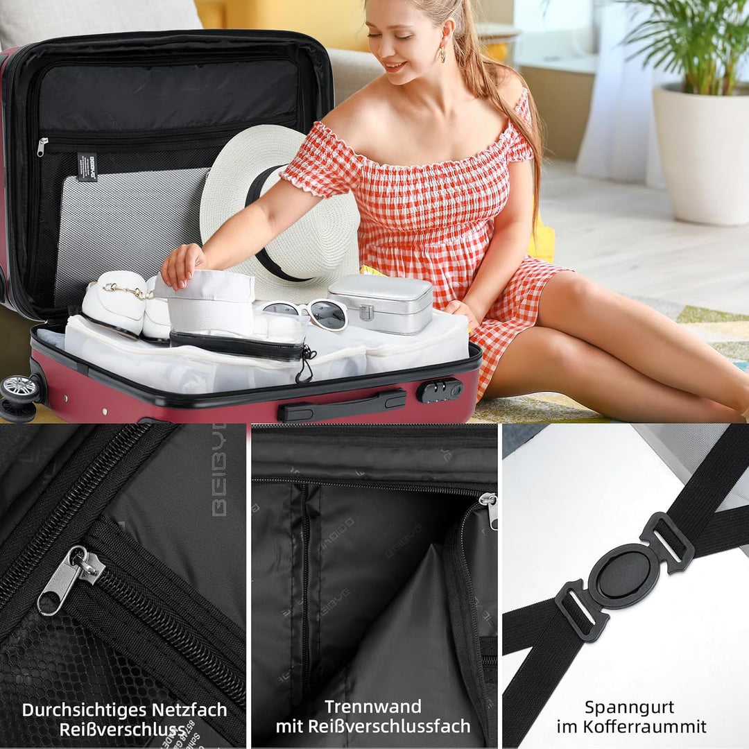 BEIBYE Zwillingsrollen 2066 Hartschale Trolley Koffer Reisekoffer Gepäck M-L-XL-Set (Weinrot, L) Wei
