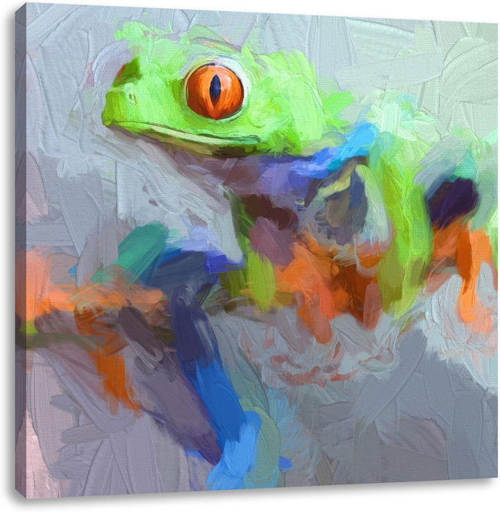 Grüner Frosch auf Ast, Format: 70x70 auf Leinwand, XXL riesige Bilder fertig gerahmt mit Keilrahmen,
