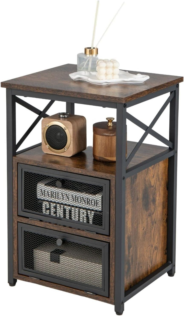 COSTWAY 4 Ebenen Beistelltisch Industrie Design, Nachttisch mit 2 Klappschubladen & offenem Regal, N
