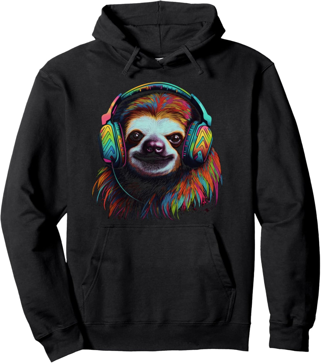 Faultier Kunstwerk Musik Bunte Tier Kopfhörer Faultier Pullover Hoodie