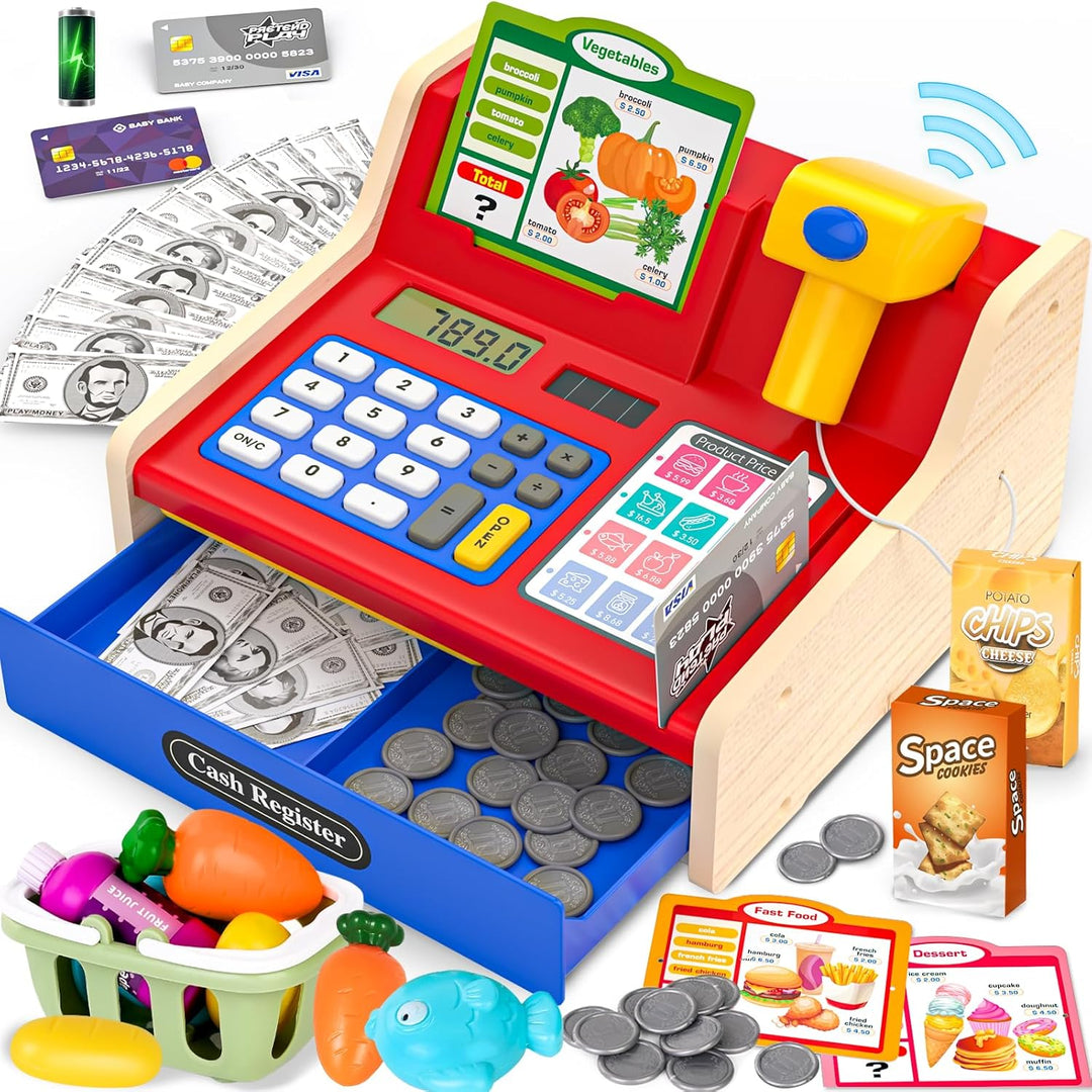 maysida Kinderkasse Holz-Registrierkasse mit Scanner & Sound fĂŒr Kinder 3-5 Jahre, Spielzeug Kasse m