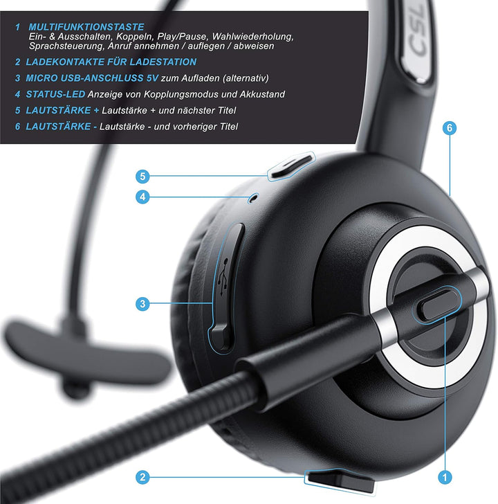 CSL - kabelloses Headset mit Ladestation - Mono Bluetooth Headset mit Mikrofon - USB Ladeport - Mult
