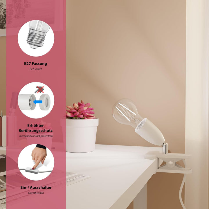 ledscom.de Klemmstrahler LIK, weiss matt, 1x E27 max. 60W, 3 Stk. 3 Stück (1er Pack) Weiss Matt / Oh