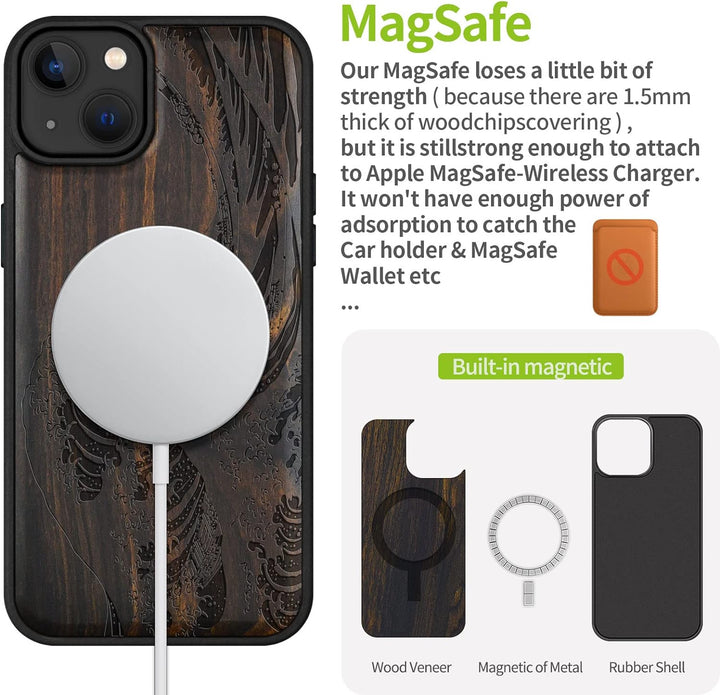 Carveit Handyhülle für iPhone 14 Plus Cover Kompatibel mit Magsafe [Holz und TPU Silikon Hybrid hüll