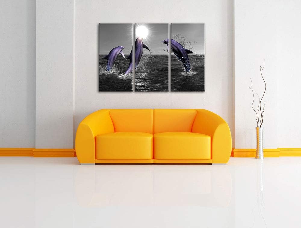 Fröhliche Delfine springen im Meer schwarz/weiss 3-Teiler Leinwandbild 120x80 Bild auf Leinwand, XXL