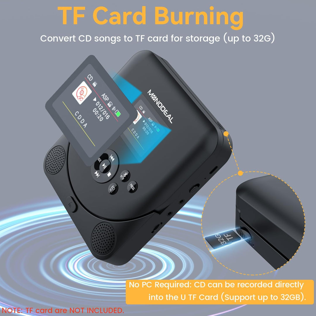 CD Player Tragbar mit TFT Display, 2024 MONODEAL Tragbarer CD Player Bluetooth, Wiederaufladbar CD P