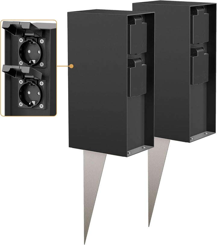ledscom.de Gartensteckdose POMI mit Erdspiess, Outdoor, IP44, 4-fach, schwarz, eckig, 23cm, 2 Stk. 2