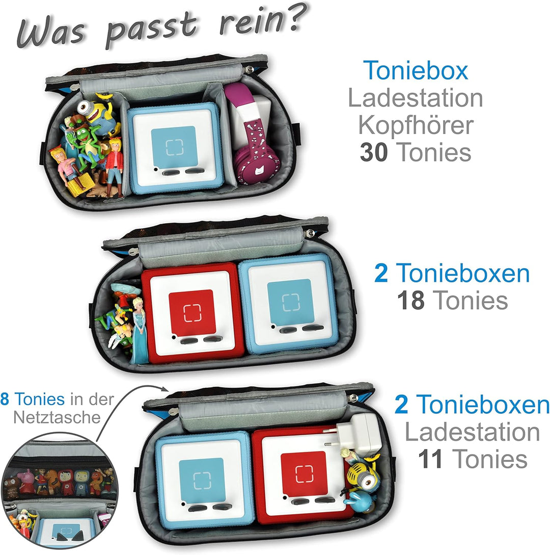 PUNALU Tasche für Toniebox, Platz für 30 Tonies, Ladegerät und Kopfhörer Toniebox Tasche (Hai hellbl