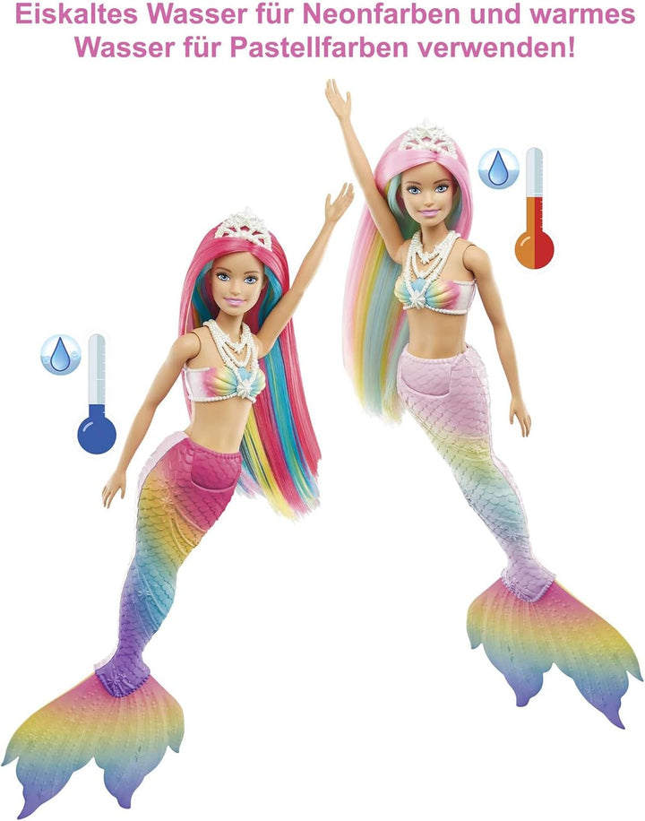 Barbie Dreamtopia Rainbow Magic Mermaid, Barbie Meerjungfrau mit Regenbogenhaaren, Farbwechselpuppe