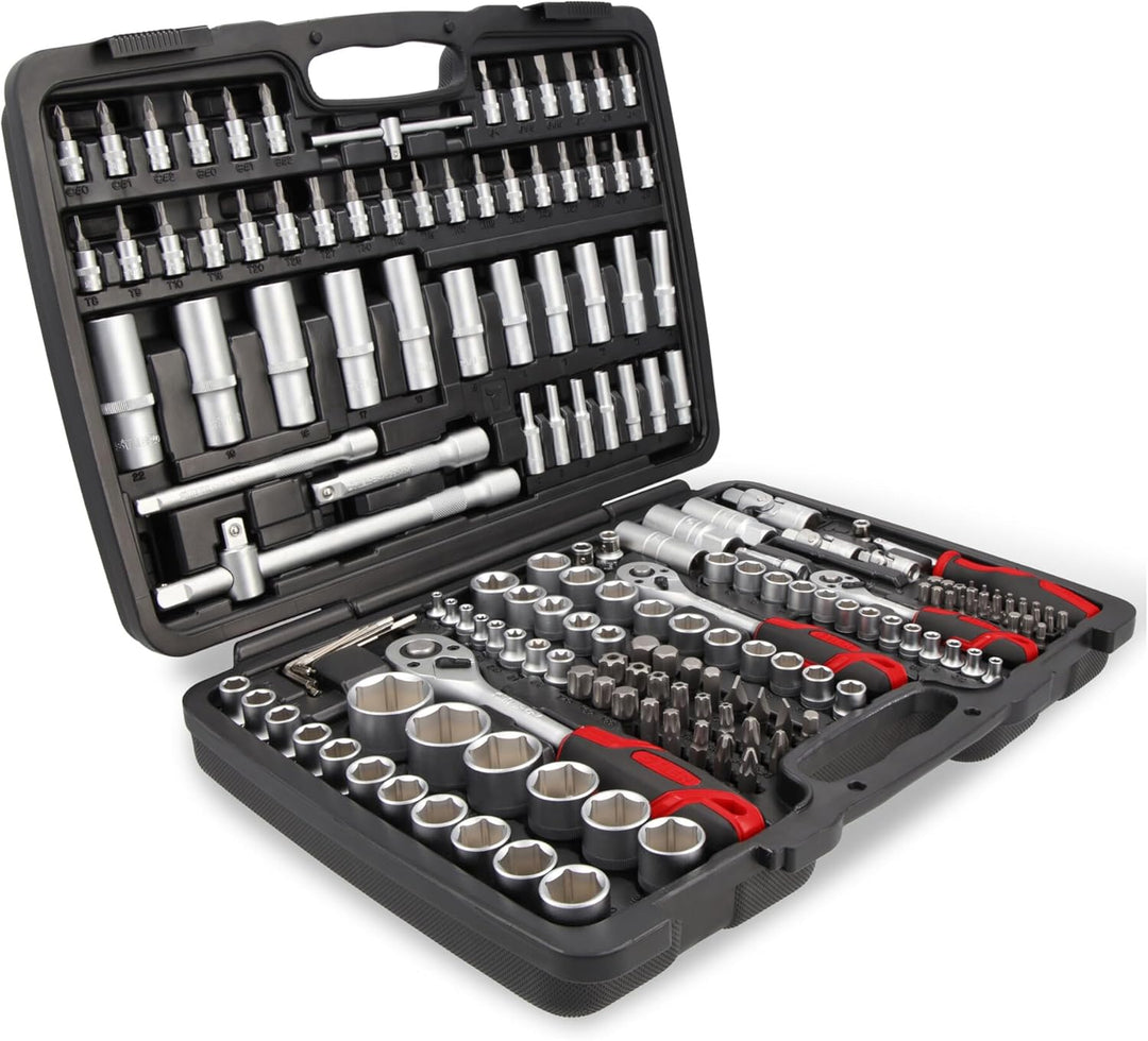 STIER Steckschlüssel Satz, 179-teilig, 1/2 Zoll 1/4 Zoll & 3/8 Zoll Umschaltknarre, Sechskant-Stecks