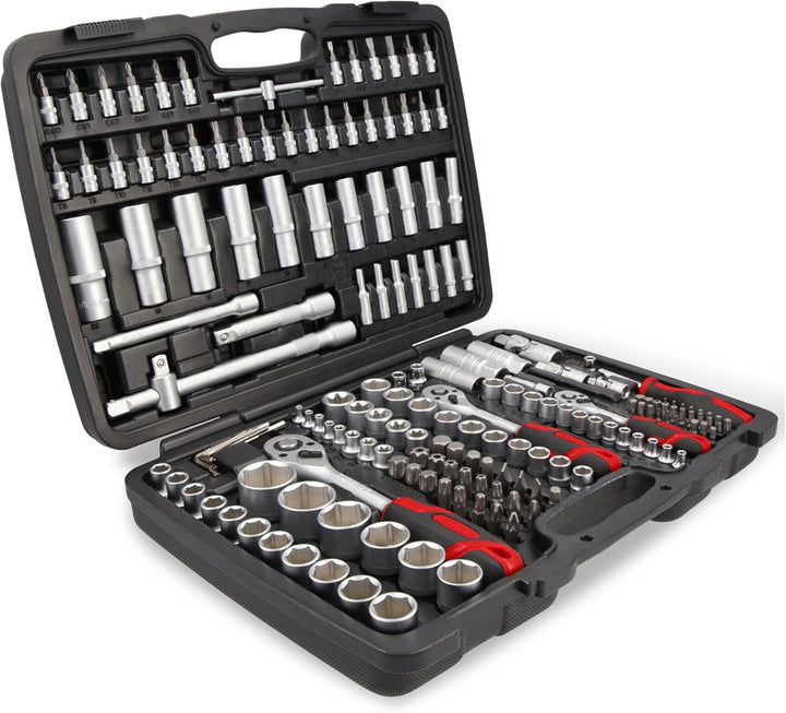 STIER Steckschlüssel Satz, 179-teilig, 1/2 Zoll 1/4 Zoll & 3/8 Zoll Umschaltknarre, Sechskant-Stecks