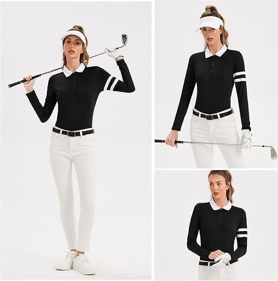 Soneven 1/4 Reissverschluss Golf Poloshirt Damen Langarm Polohemd Sport Polo Langarmshirt Damen Spor