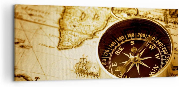 Panorama Bilder auf Leinwand 100x40cm Leinwandbild Kompass alt reisen Reise Gross Wanddeko Bild Schl