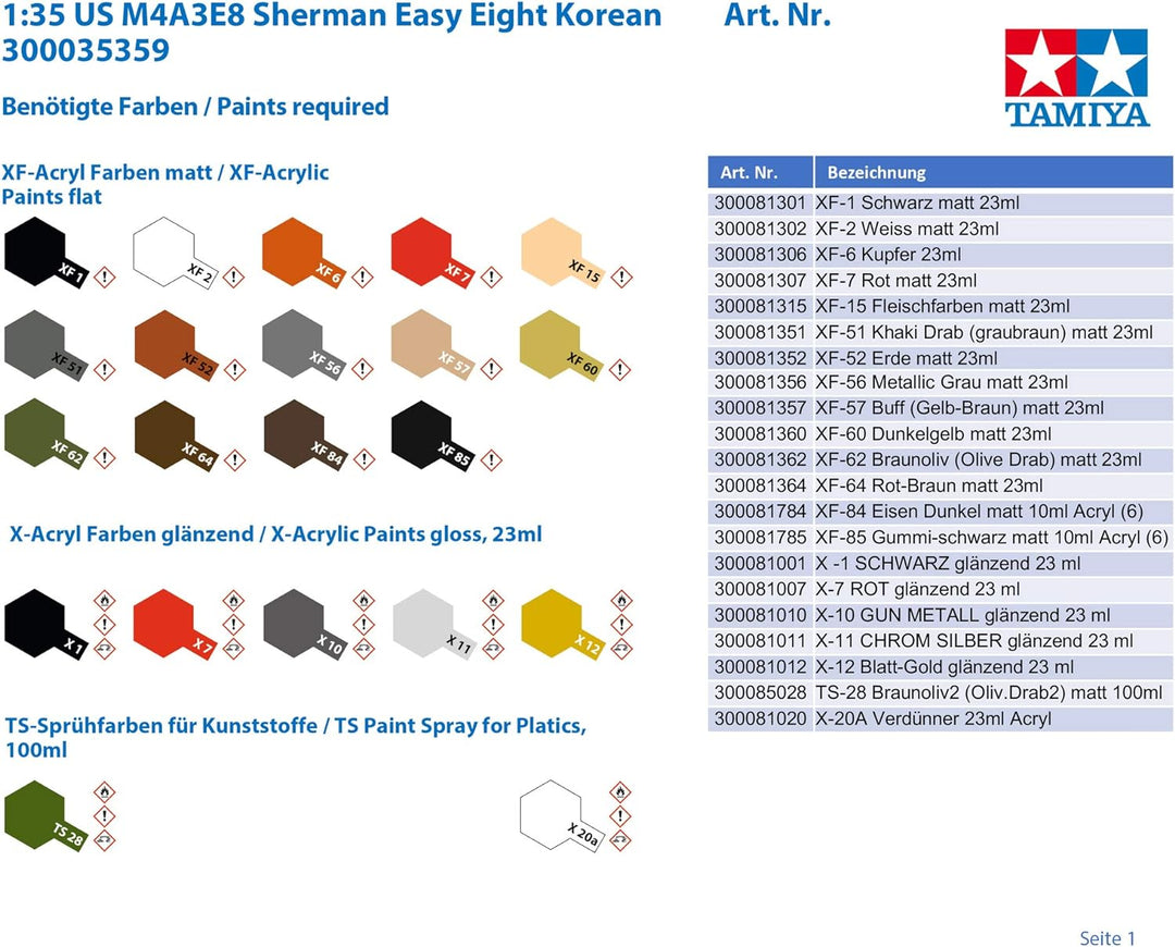 Tamiya 300035359 1/35 Medium Tank Plastikmodellbausatz Militär 1:35 US M4A3E8 Sherman Easy Eight Kor