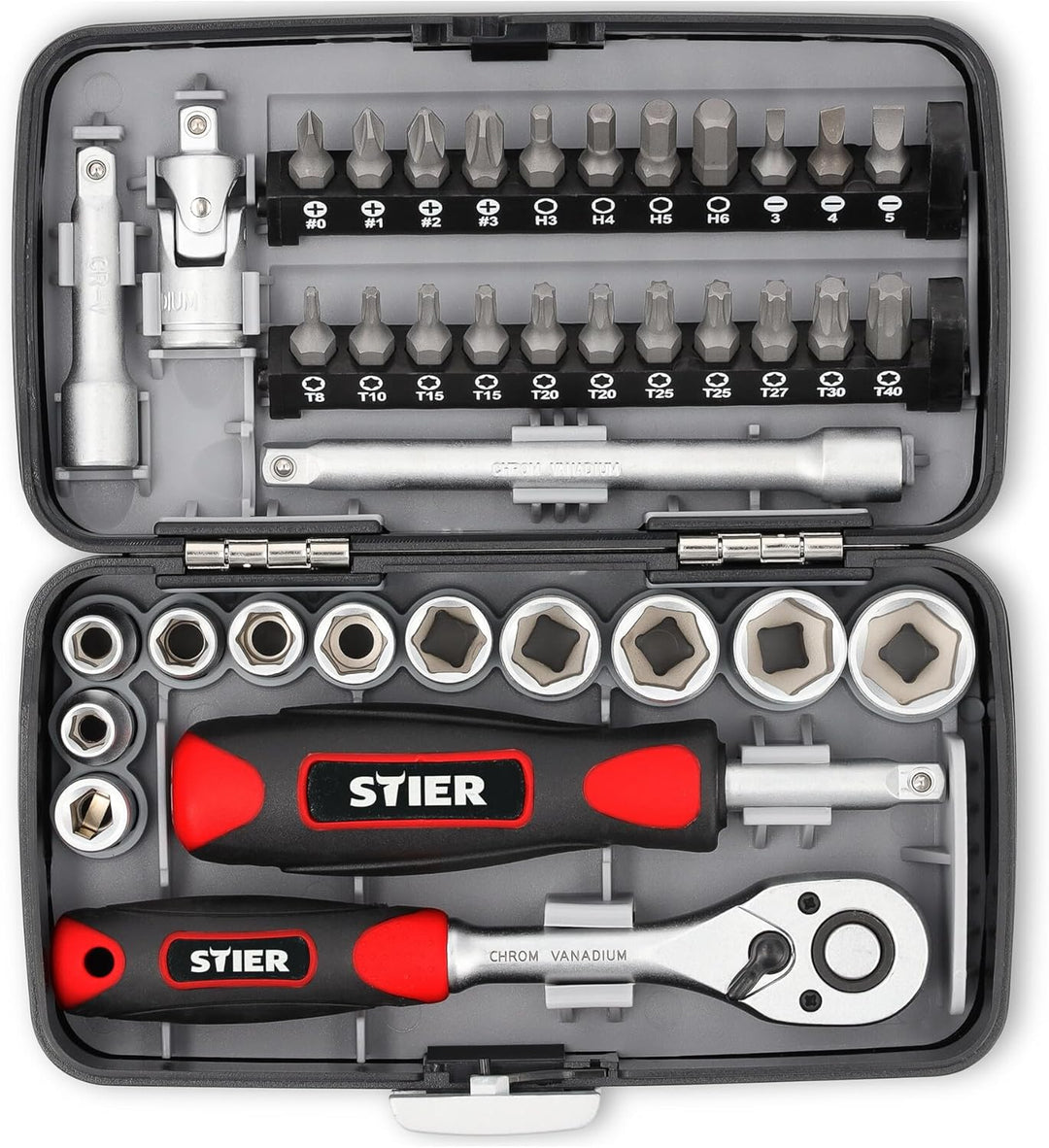 STIER Steckschlüssel- und Bit-Satz, 38-teilig, Umschaltknarre 1/4 Zoll, Sechskant-Steckschlüsseleins