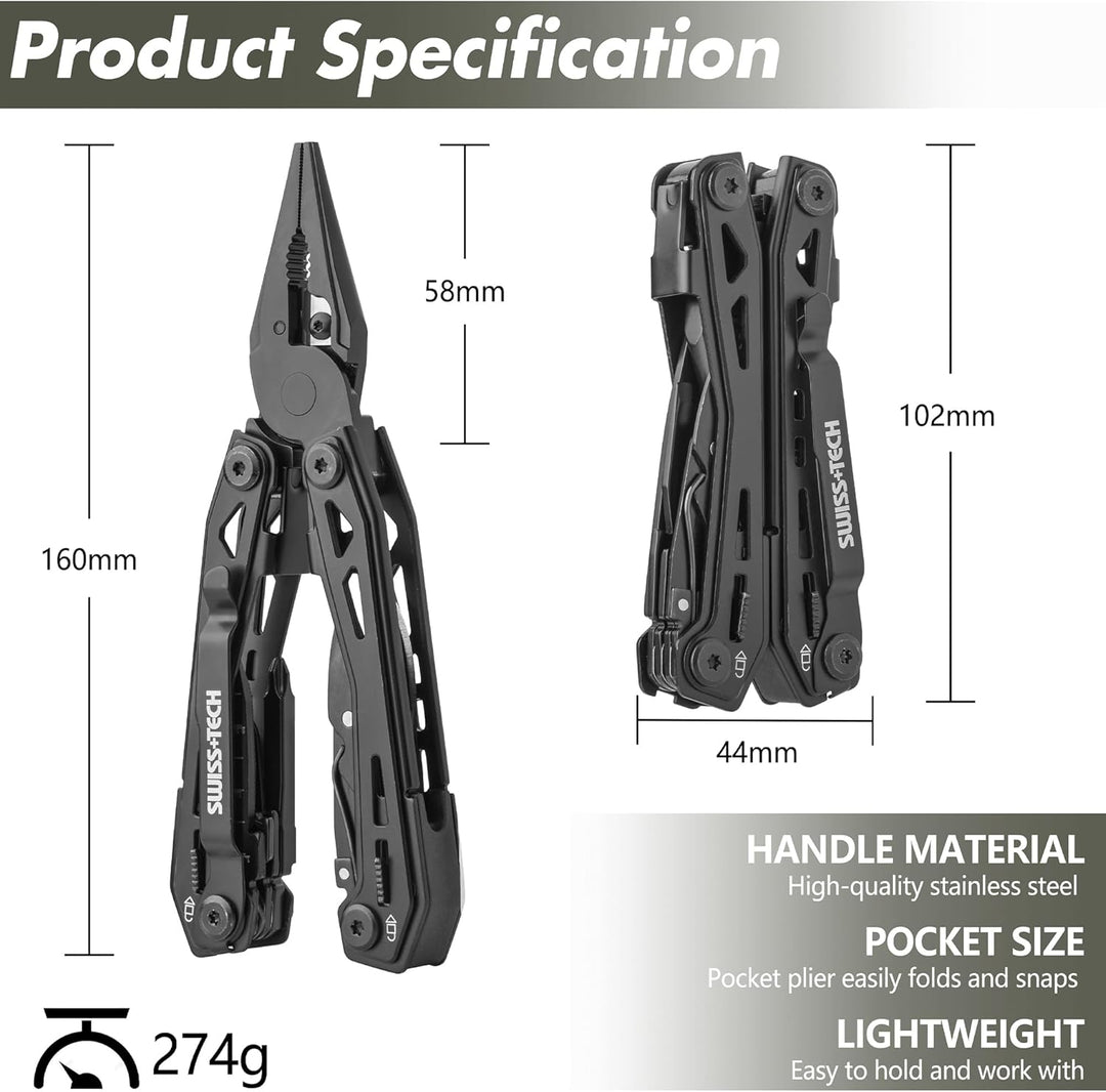 Swiss+Tech Multitool 16 in 1, Multifunktionszange Edelstahl Faltbares Multifunkstionswerkzeug Multif