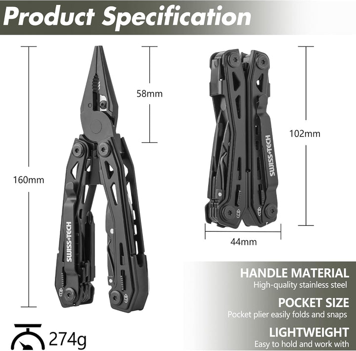 Swiss+Tech Multitool 16 in 1, Multifunktionszange Edelstahl Faltbares Multifunkstionswerkzeug Multif