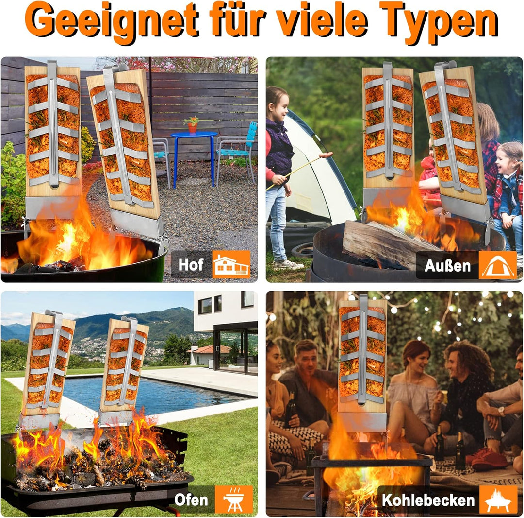 NAIZY Flammlachsbrett 4X Flammlachsbretter mit Edelstahl-Halterung Lachsbretter 5 Stufen Einstellbar