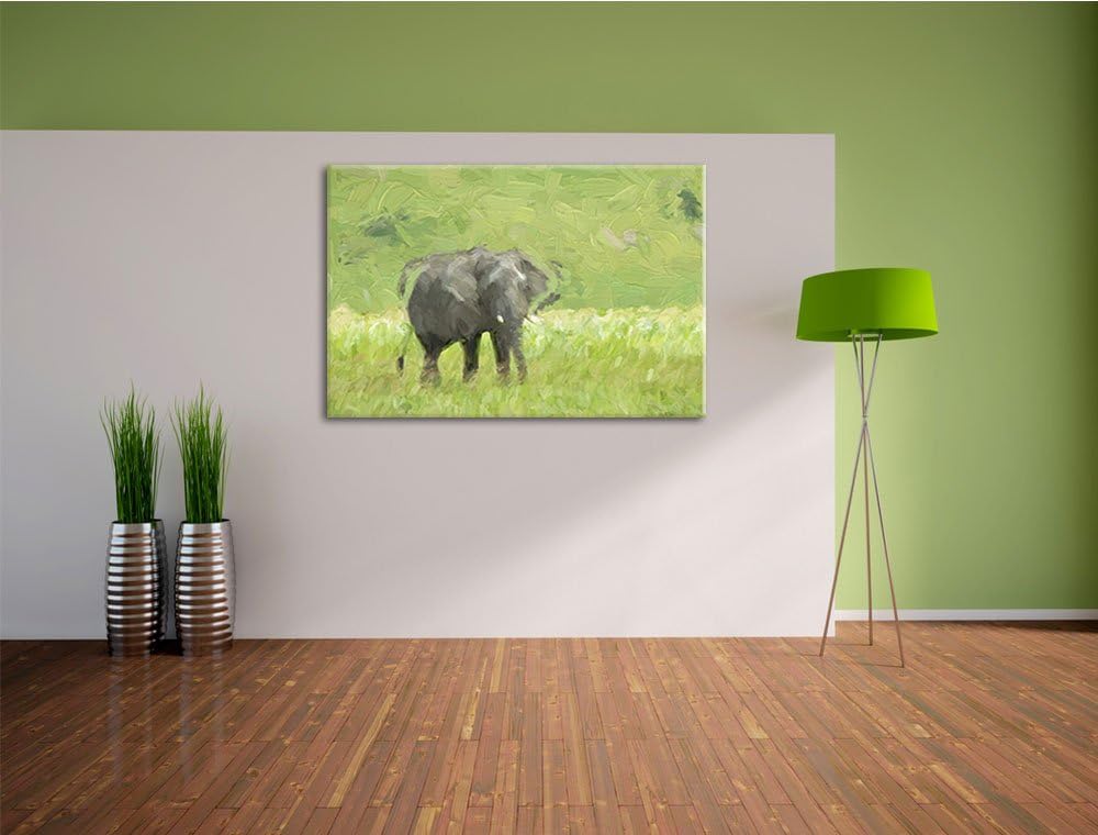 gigantischer Elefant im Gras Spezial Format: 100x70 cm auf Leinwand, XXL riesige Bilder fertig gerah