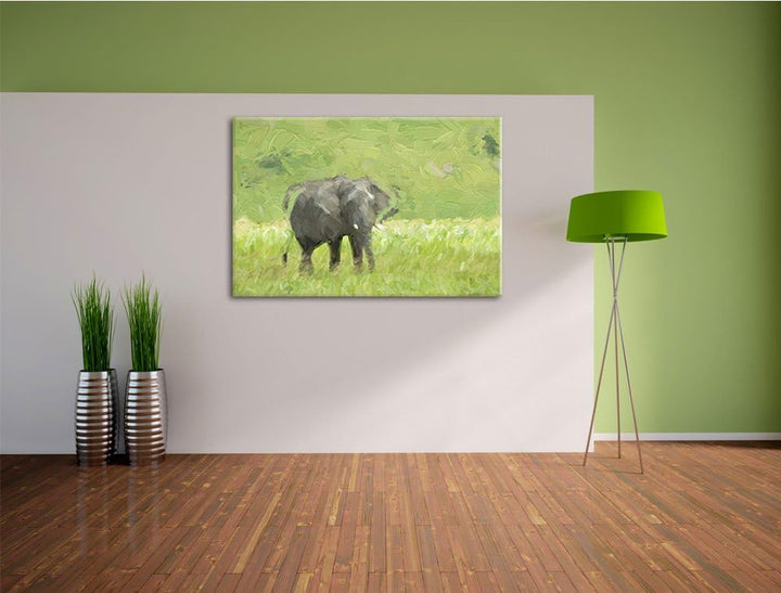 gigantischer Elefant im Gras Spezial Format: 100x70 cm auf Leinwand, XXL riesige Bilder fertig gerah